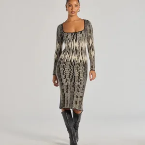 Trendy Look Abstract Striped Knit Midi Sweater Dress
