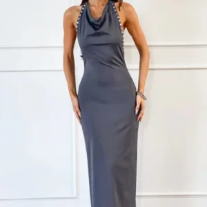 BB Exclusive Tsuki Grey Stud Detail Cowl Neck Maxi Dress