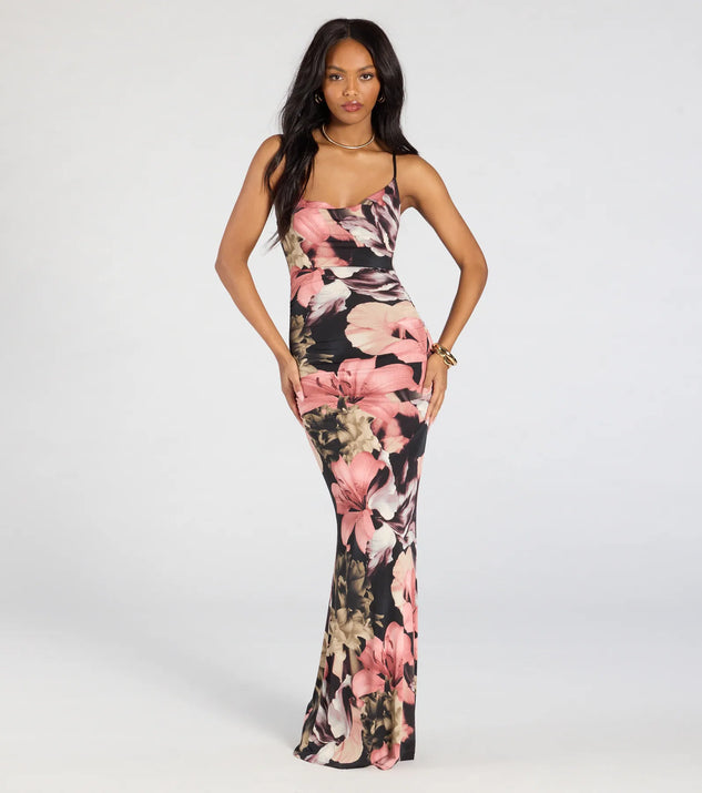 Windsor Vacay Bound Tropical Floral Ruched Knit Maxi Dress