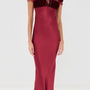 Velvet and Silk Satin Gown with Gathered Bust and Lace Detail