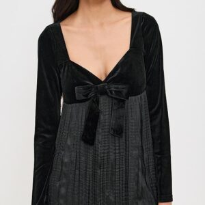 Velvet Bow Detail Fabric Mix Mini Dress