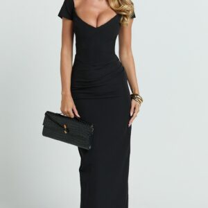 Veronika Maxi Dress - Off Shoulder Plunge High Split Dress in Black