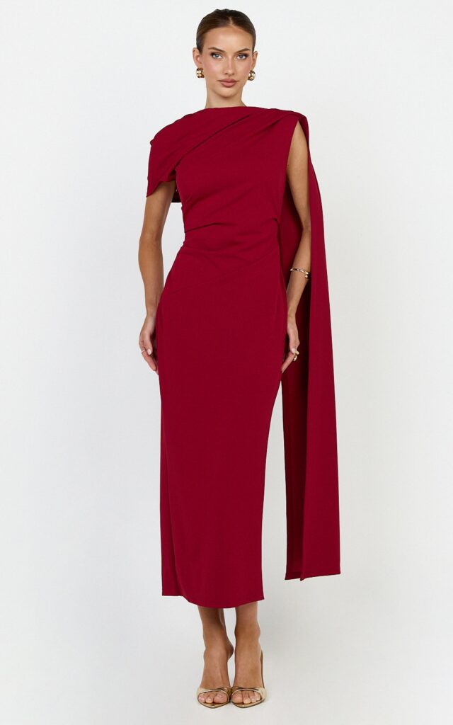 Showpo Visenta Midi Dress - Asymmetrical Sleeve Dress in Wine