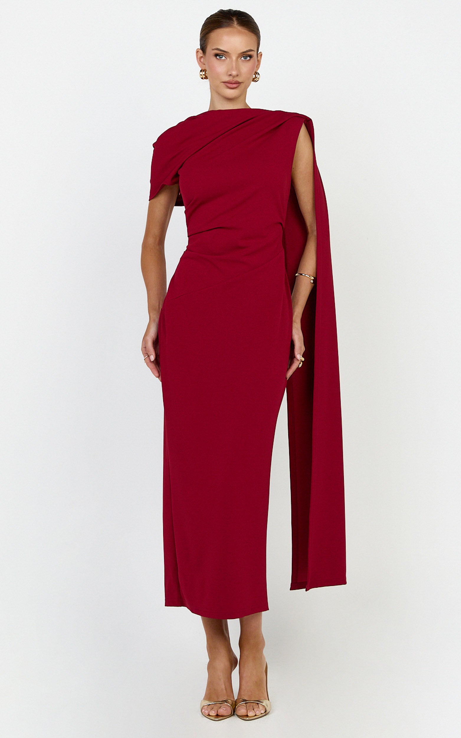 Showpo Visenta Midi Dress - Asymmetrical Sleeve Dress in Wine