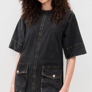GANNI Washed Stretch Cotton Boxy Kimono Mini Dress Washed Stretch Cotton Boxy Kimono Mini Dress
