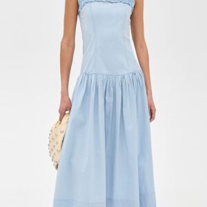 Washed Stretch Cotton Strap Corset Long Dress