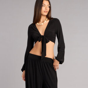 Weekend Mood Long Sleeve Tie-Front Crop Top