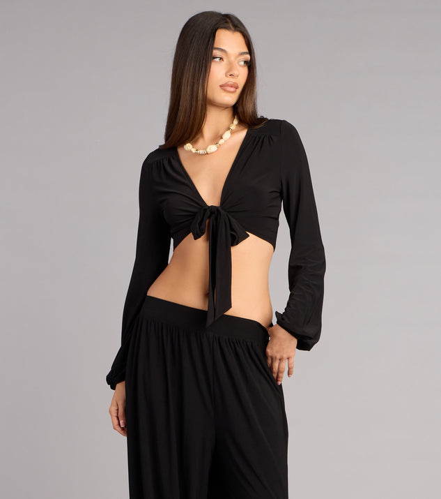 Windsor Weekend Mood Long Sleeve Tie-Front Crop Top
