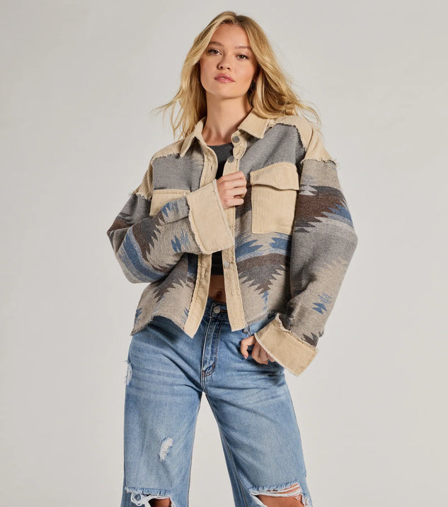 Windsor Western Trend Corduroy Trim Woven Shacket