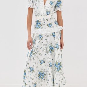 Rodarte White and Blue Daisy Silk Short Sleeve Silk Dress with Eyelet Ruffle Detail and Belt White and Blue Daisy Silk Short Sleeve Silk Dress with Eyelet Ruffle Detail and Belt