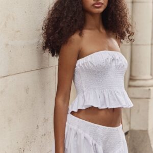 PrettyLittleThing White Bandeau Poplin Shirred Top Co-ord