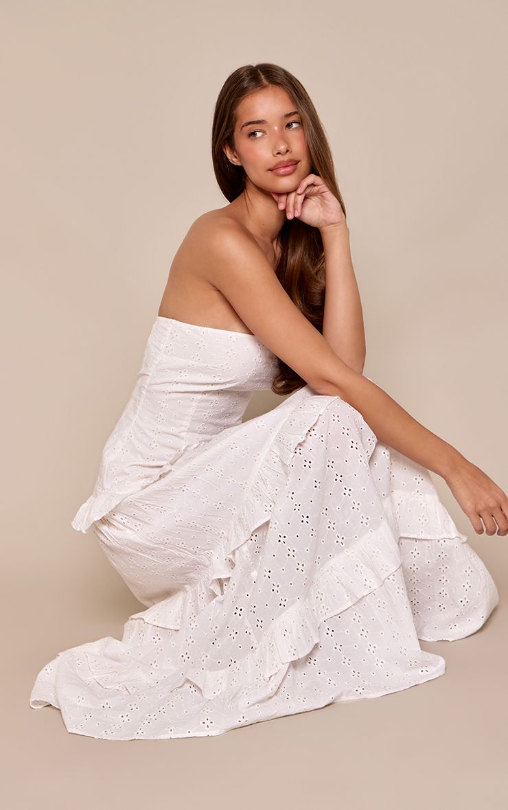 PrettyLittleThing White Broderie Bandeau Tiered Maxi Dress