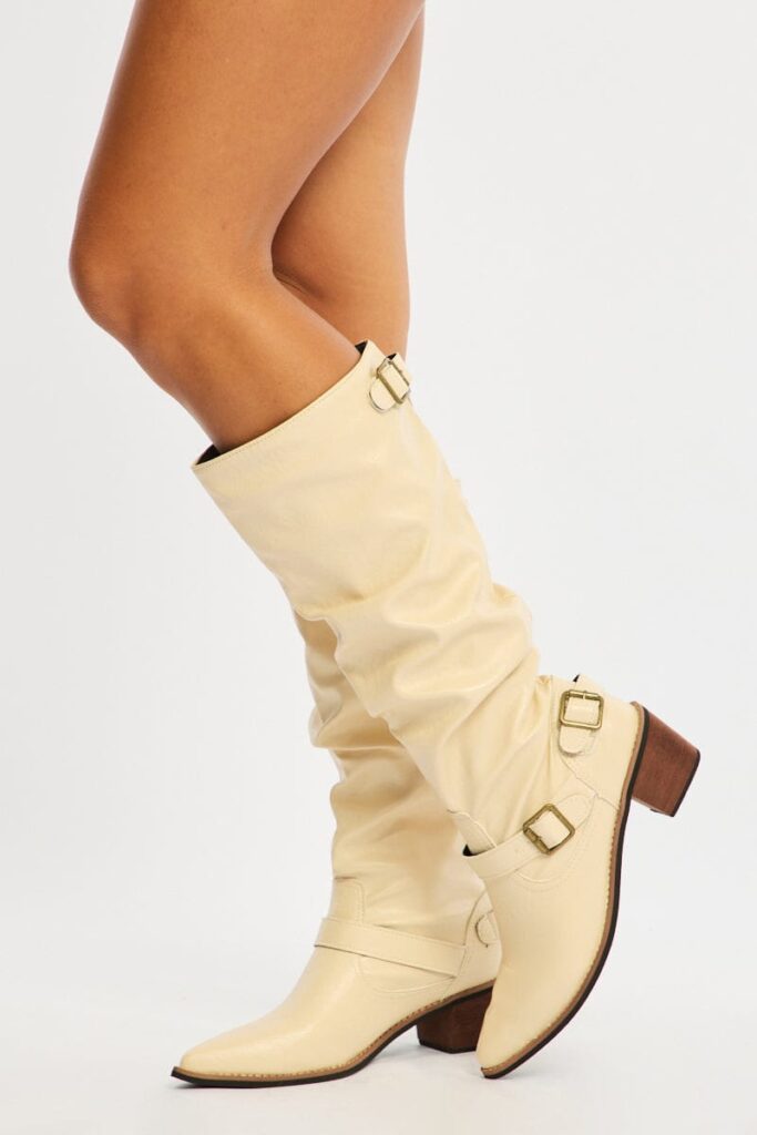 Ally Fashion White Buckle Detail Cowboy Boots White Buckle Detail Cowboy Boots