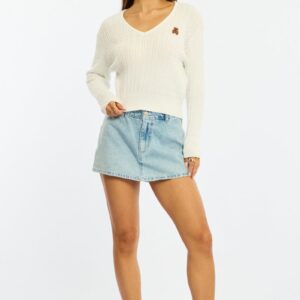 Ally Fashion White Cable Knit Sweater Top Teddy Bear Embroidery