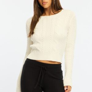 White Cable Knit Top Long Sleeve Crew Neck