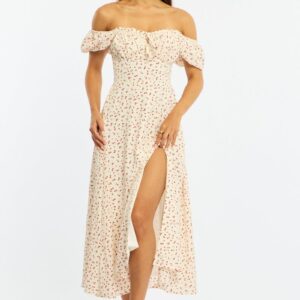 White Ditsy Midi Dress Puff Sleeve