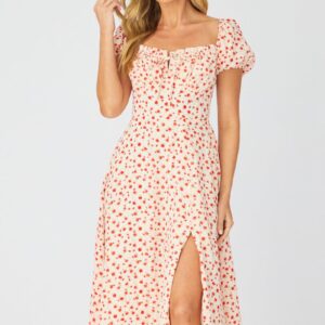 White Ditsy Midi Dress Puff Sleeve