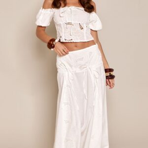 PrettyLittleThing White Embroidered Bow Detail Maxi Skirt Co-ord