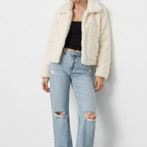White Faux Fur Jacket With Lapel Collar