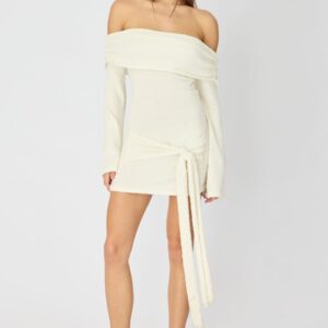 Ally Fashion White Knitted Off Shoulder Tie Waist Mini Dress White Knitted Off Shoulder Tie Waist Mini Dress