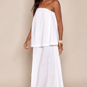 White Linen Look Tiered Bandeau Maxi Dress