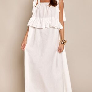 White Linen Look Tiered Tie Strap Maxi Dress