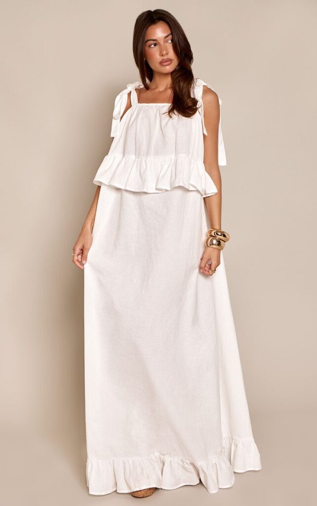 PrettyLittleThing White Linen Look Tiered Tie Strap Maxi Dress White Linen Look Tiered Tie Strap Maxi Dress