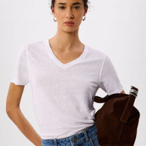 White Linen V Neck T-Shirt