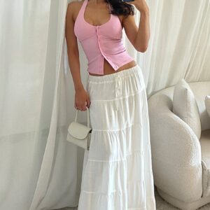 White Maxi Skirt Tiered High Rise Linen Blend