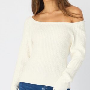 White Off Shoulder Knit Jumper Cable Design
