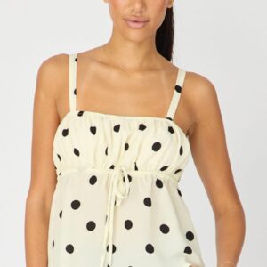White Polka Dot Cami Top Sleeveless Front Tie Babydoll