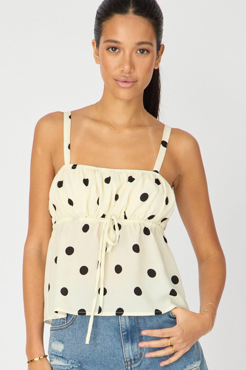 Ally Fashion White Polka Dot Cami Top Sleeveless Front Tie Babydoll