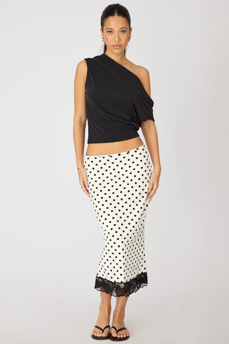 Ally Fashion White Polka Dot Midi Lace Skirt Mid Waisted Calf Length Supersoft