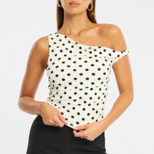 White Polka Dot One Shoulder Twist Top