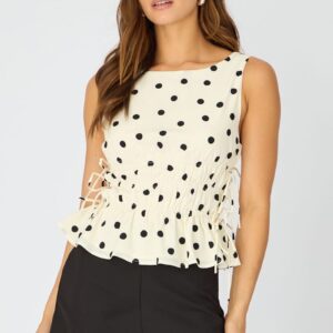 White Polka Dot Ruched Top Sleeveless Boat Neck Bow Details
