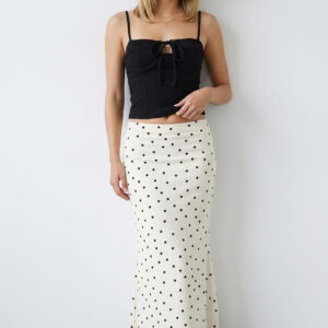 Ally Fashion White Polka Dot Satin Midaxi Skirt Elastic Waist Bias Cut Lined White Polka Dot Satin Midaxi Skirt Elastic Waist Bias Cut Lined
