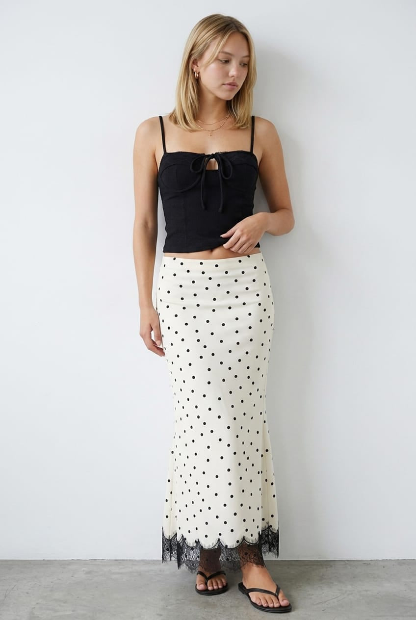 Ally Fashion White Polka Dot Satin Midaxi Skirt Elastic Waist Bias Cut Lined