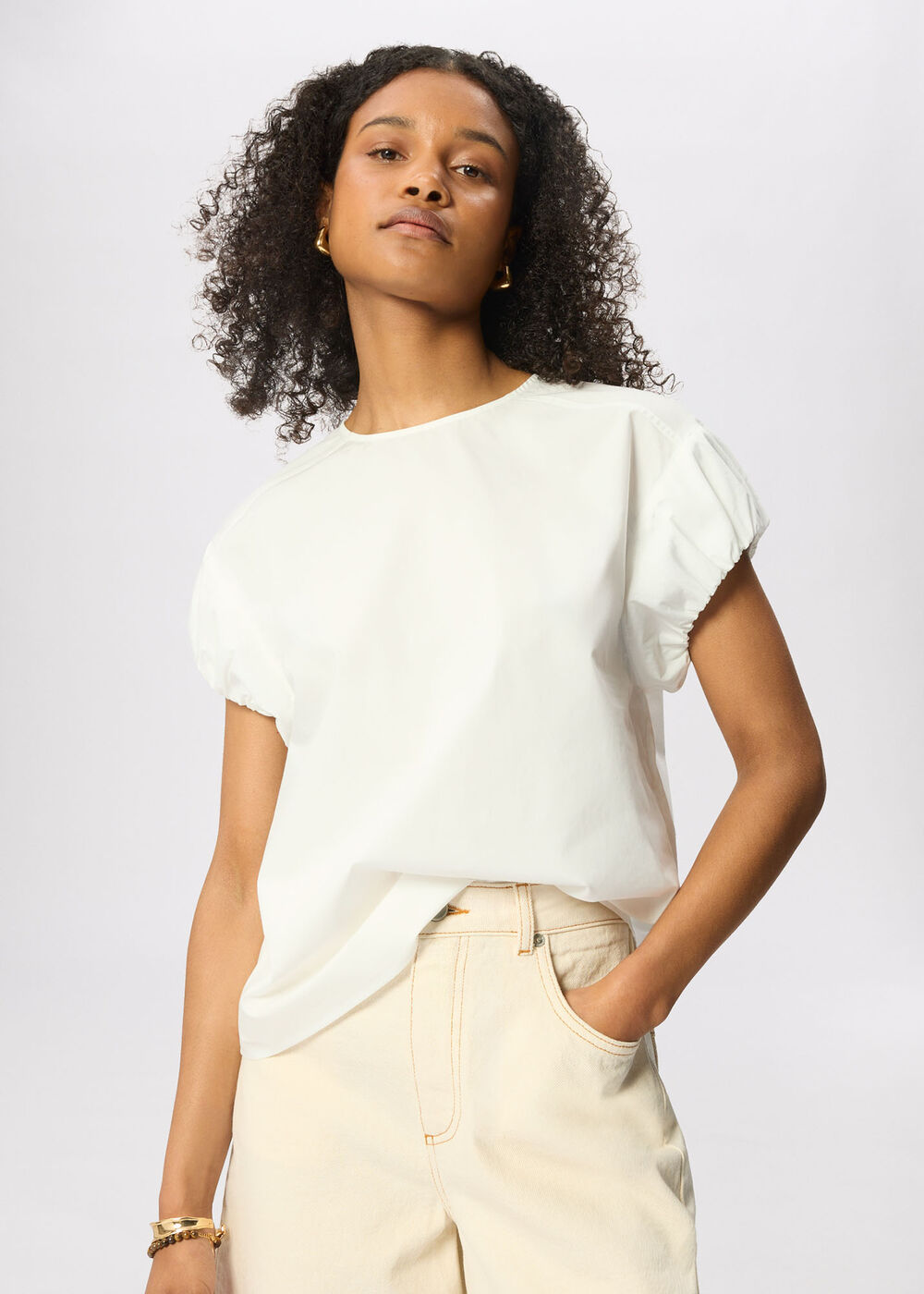 White Puff Sleeve Cotton Poplin Tee