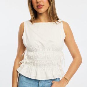 White Ruched Top Sleeveless Boat Neck Bow Details