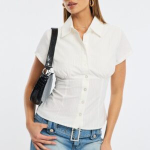 White Stripe Short Sleeve Shirt Collared Button Up Textured