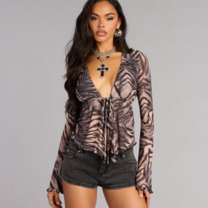 Wild Confidence Zebra Print Mesh Tie-Front Top