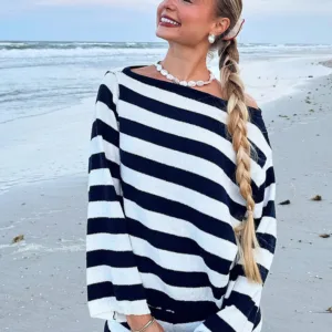 BB Exclusive Willa Navy Stripe Off Shoulder Knit Sweater Willa Navy Stripe Off Shoulder Knit Sweater