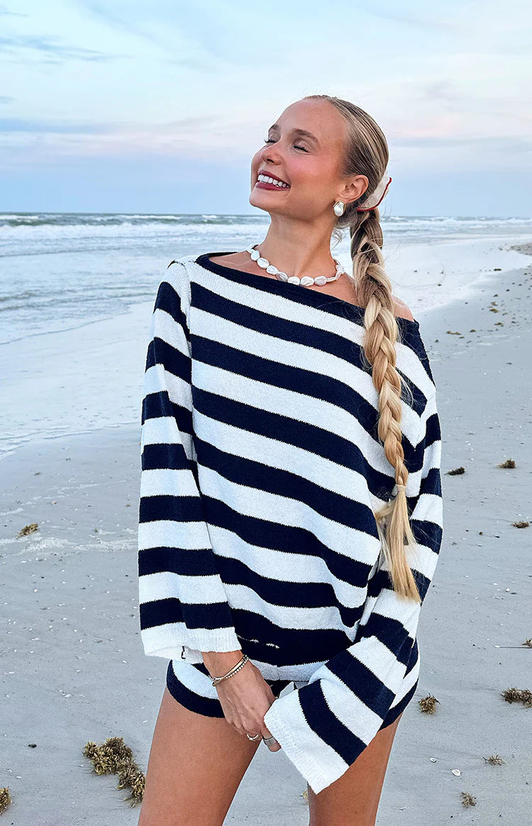 BB Exclusive Willa Navy Stripe Off Shoulder Knit Sweater
