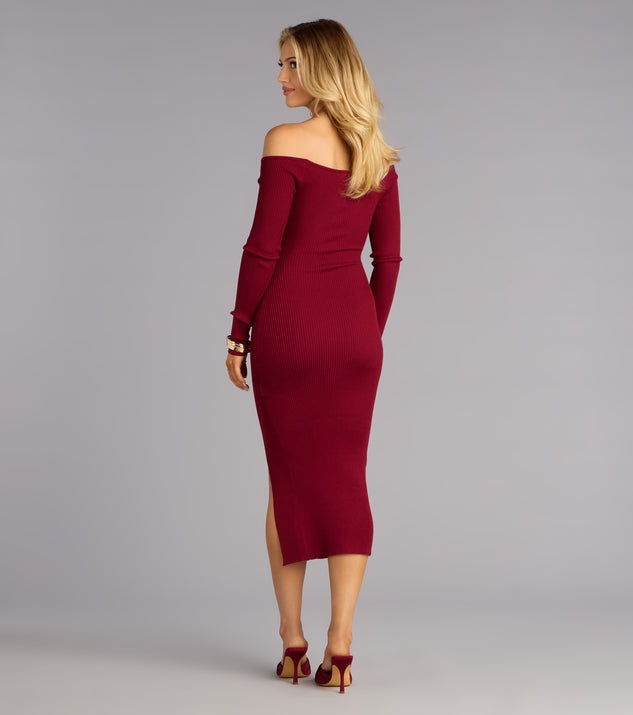 Windsor Chic Attitude Ribbed Knit Off-The-Shoulder Midi Dress - Image 2