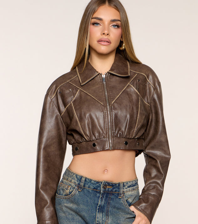 Windsor Everyday Edge Faux Leather Cropped Bomber Jacket - Image 3