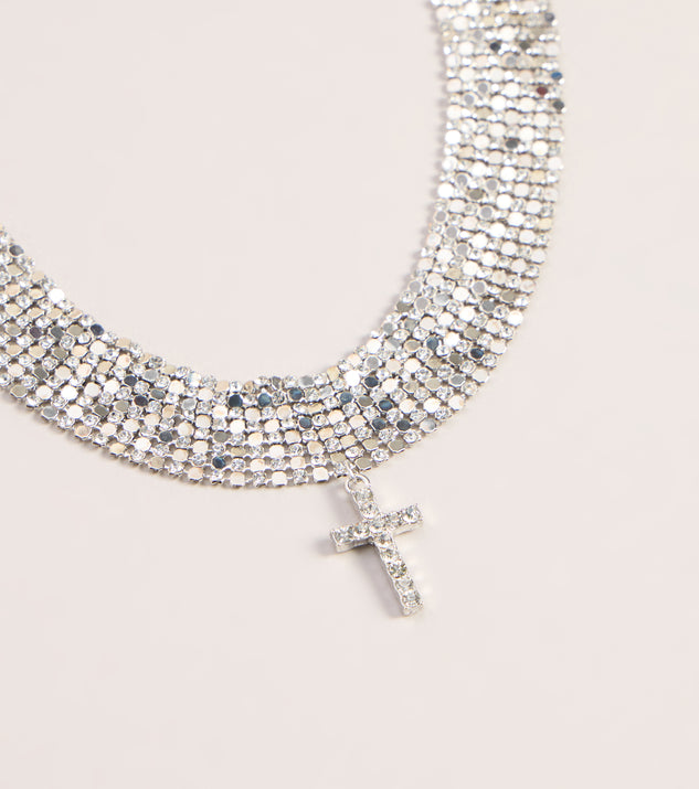 Windsor Glitzy Rhinestone Cross Chainmail Choker Necklace - Image 3