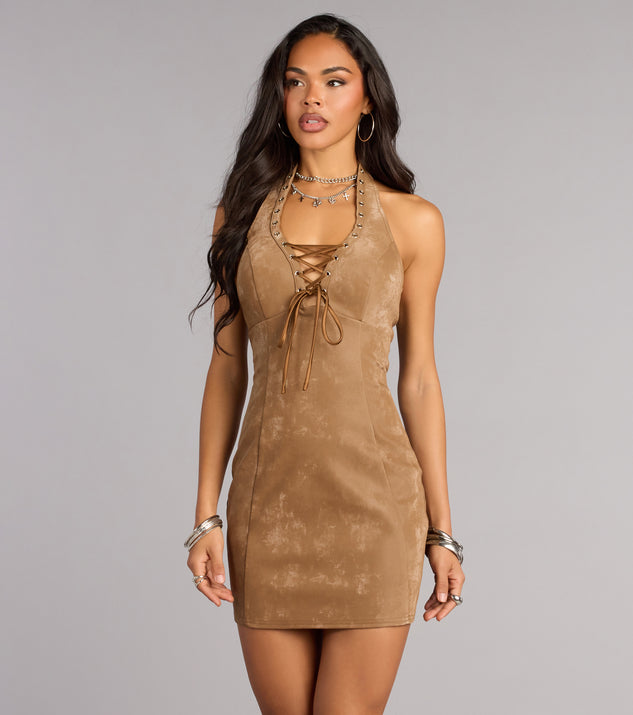 Windsor Low Key Heat Lace Up Halter Mini Dress - Image 3