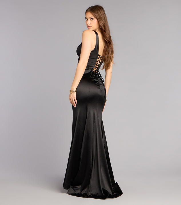 Windsor Mellie Satin Lace Up Slit Formal Dress - Image 2