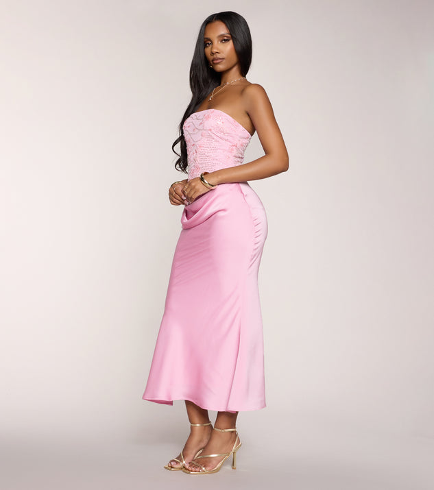 Windsor Satin Glow Strapless Beaded Midi Dress - Image 3