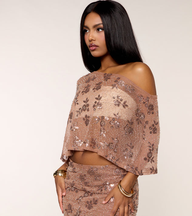 Windsor Shimmer Status Sequin Beaded Mesh Poncho - Image 3